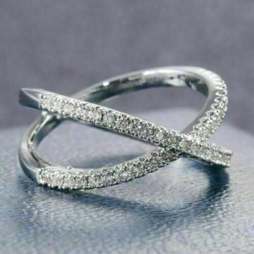 Sterling Silver Pave Diamond Criss Cross Ring - Picture 2 of 6